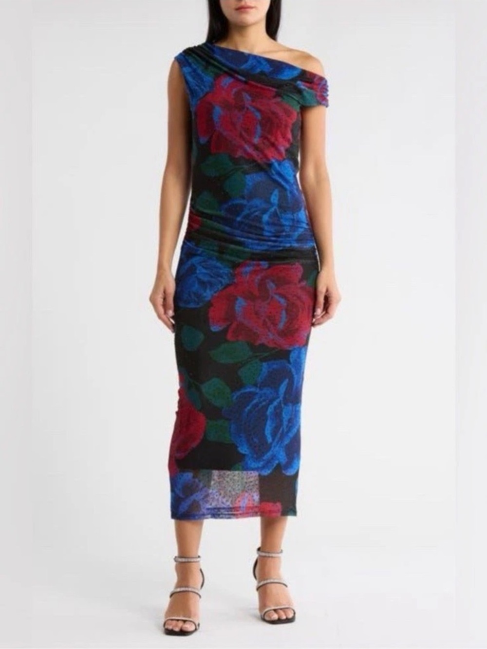 Afrm Biona Off-Shoulder Floral Midi Dress in Blue Blooms Embellished